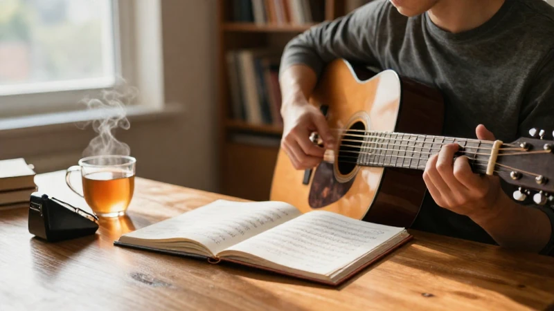 Estudiante concentrado practicando guitarra junto a un cuaderno de teoría musical en un estudio iluminado.