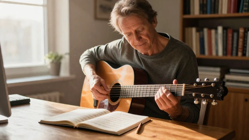 Persona de mediana edad practicando acordes de guitarra acústica en un estudio iluminado por el sol.