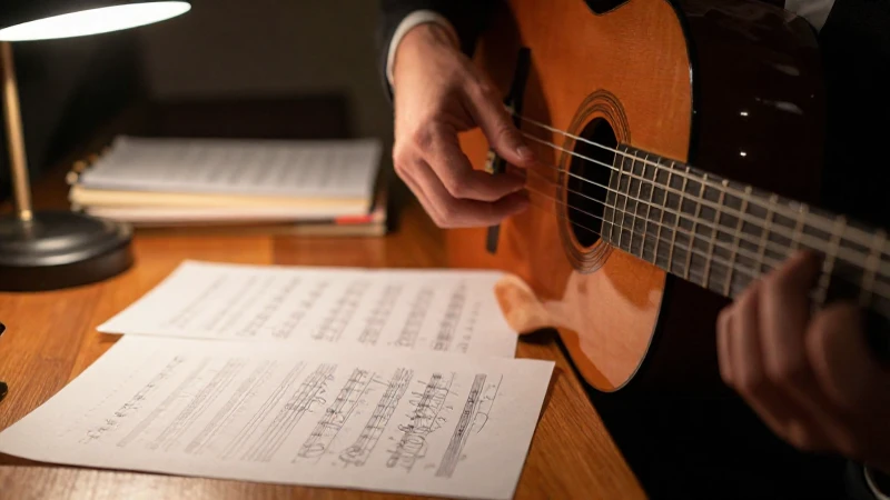 Manos de un guitarrista clásico sobre las cuerdas junto a partituras anotadas en un escritorio.