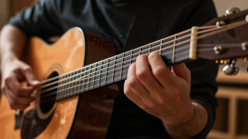 Manos de un músico ejecutando movimientos rápidos y precisos sobre las cuerdas de una guitarra acústica.