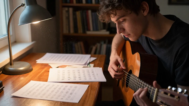 Joven músico concentrado estudiando partituras junto a su guitarra clásica en un estudio iluminado.