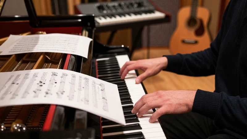 Manos de un compositor trabajando sobre partituras manuscritas frente a un piano de cola.