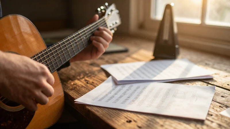Manos de un compositor tocando una guitarra acústica sobre una mesa con partituras manuscritas.