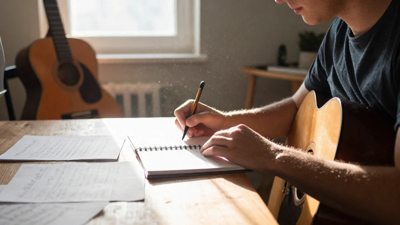 Joven músico escribiendo notas en un cuaderno junto a una guitarra en un estudio soleado.