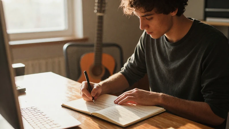 Joven músico escribiendo partituras en un cuaderno en su estudio iluminado por el sol.