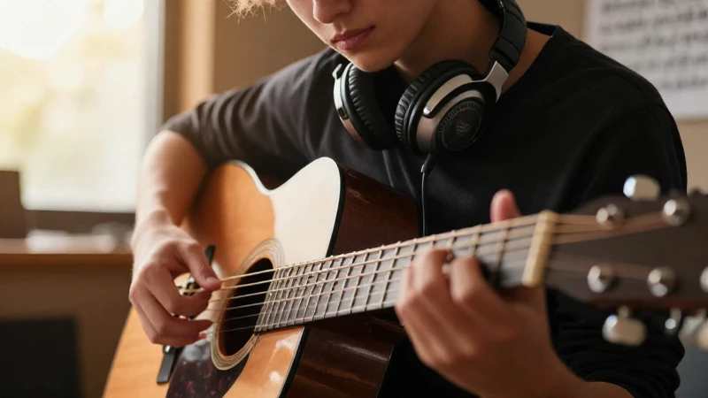Primer plano de las manos de un músico tocando una guitarra acústica en un estudio iluminado por el sol.