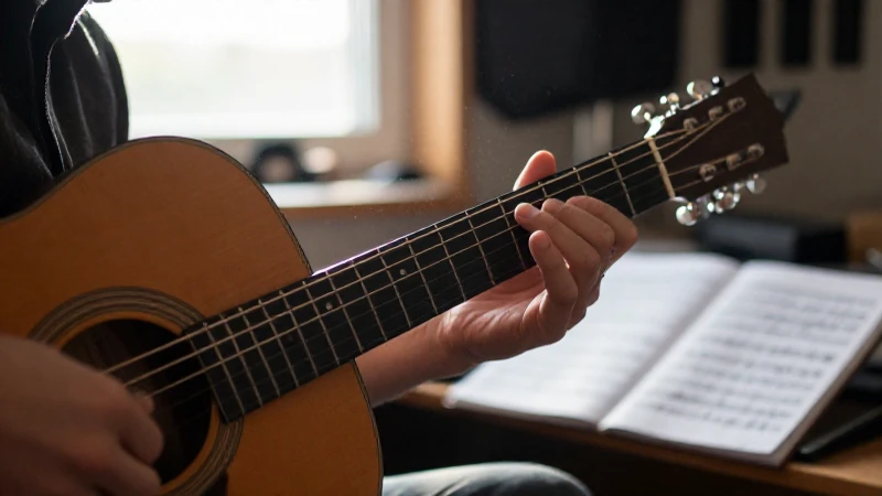 Manos de un músico tocando una guitarra acústica en un estudio iluminado por la luz del sol.