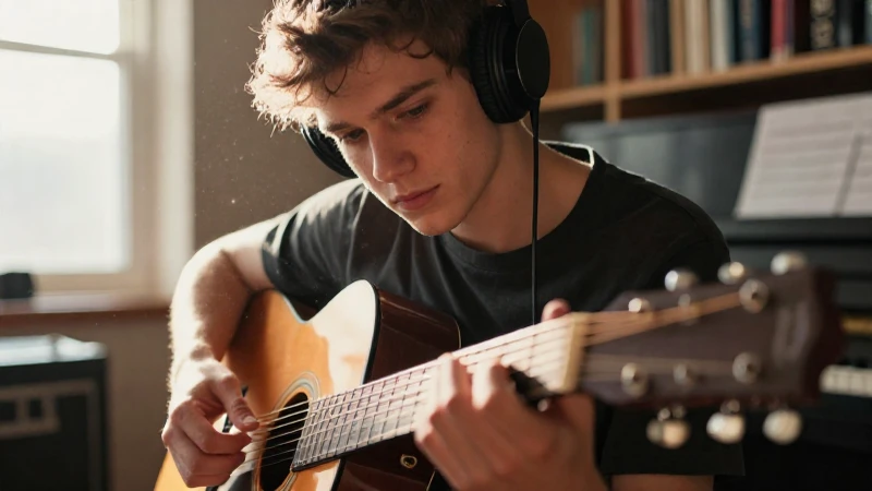 Joven músico concentrado tocando una guitarra acústica en un estudio iluminado por el sol.