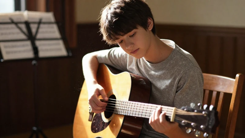 Estudiante sentado en una sala de música con una guitarra acústica bajo un rayo de luz.