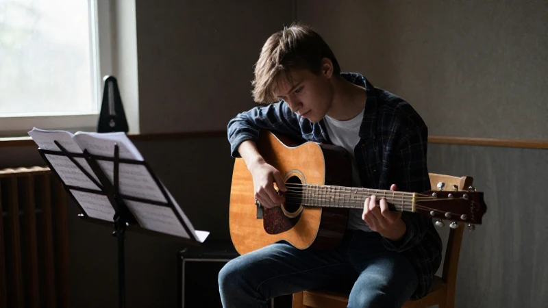 Estudiante adolescente con aspecto desanimado sentado frente a una guitarra en un estudio de música.