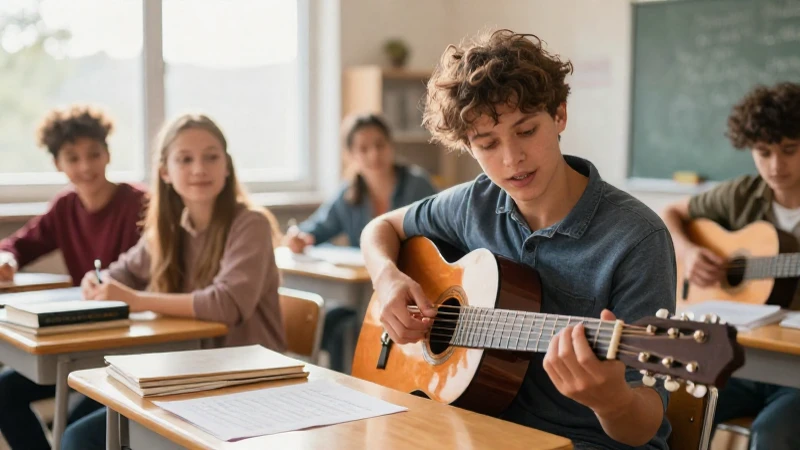 Un profesor de música guía a un estudiante mientras practica acordes con una guitarra acústica.