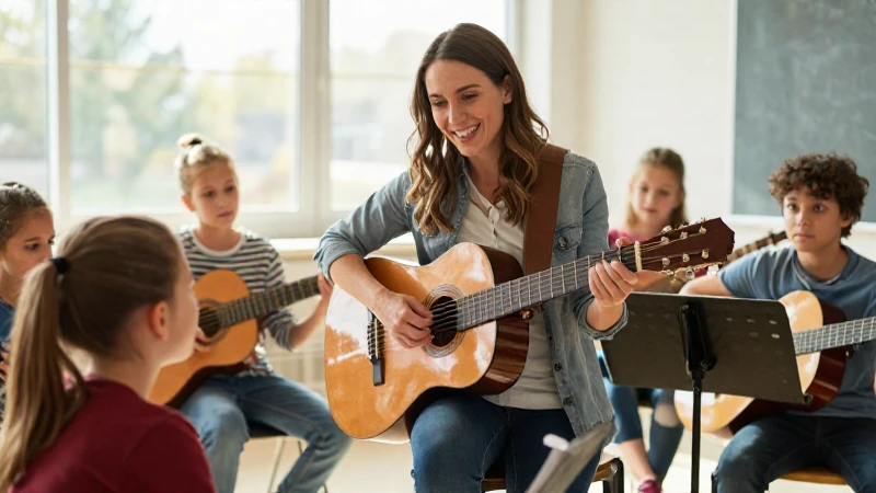 Un profesor sonriente enseña una técnica de guitarra a un grupo de alumnos en un aula luminosa.