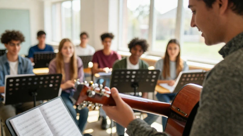 Un profesor toca la guitarra acústica frente a un grupo de adolescentes en un aula de música.