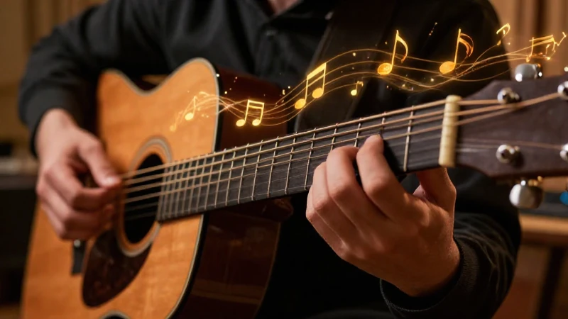 Manos de un guitarrista tocando un instrumento con estelas de luz dorada saliendo de las cuerdas.