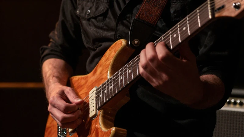 Manos de un músico tocando con precisión las cuerdas de una guitarra eléctrica bajo un foco dramático.