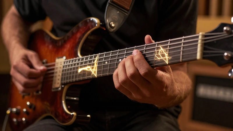 Manos de un guitarrista tocando notas sobre el mástil de una guitarra eléctrica.