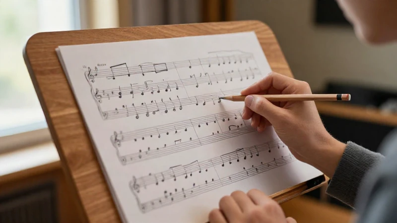 Manos sosteniendo un lápiz sobre una partitura manuscrita en un atril de madera bajo la luz del sol.