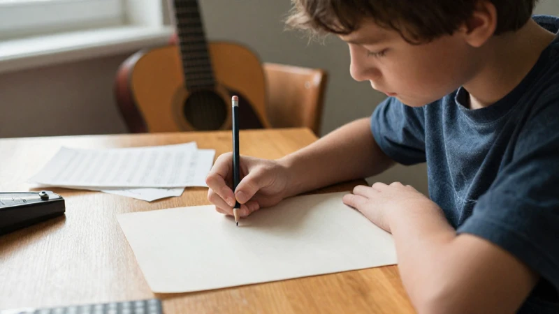 Estudiante sentado ante un escritorio de madera escribiendo música junto a una guitarra.