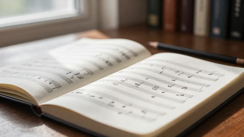 Cuaderno de música abierto con partituras escritas a mano y un lápiz sobre un escritorio de madera.