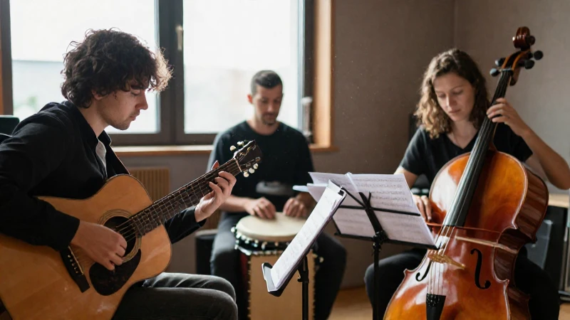 Un pequeño ensamble de guitarra, violonchelo y cajón toca en un estudio iluminado por el sol.