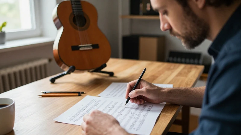 Profesor de música analizando partituras manuscritas en un estudio acogedor con una guitarra al fondo.