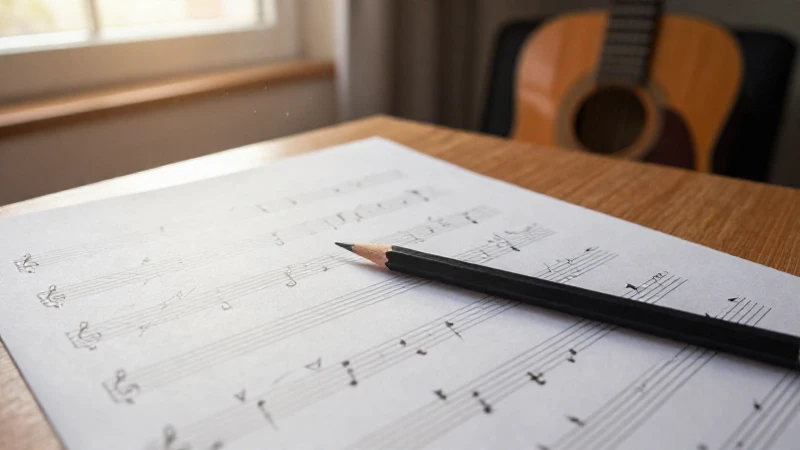 Partituras con anotaciones musicales y un lápiz sobre un atril de madera bajo la luz del sol.
