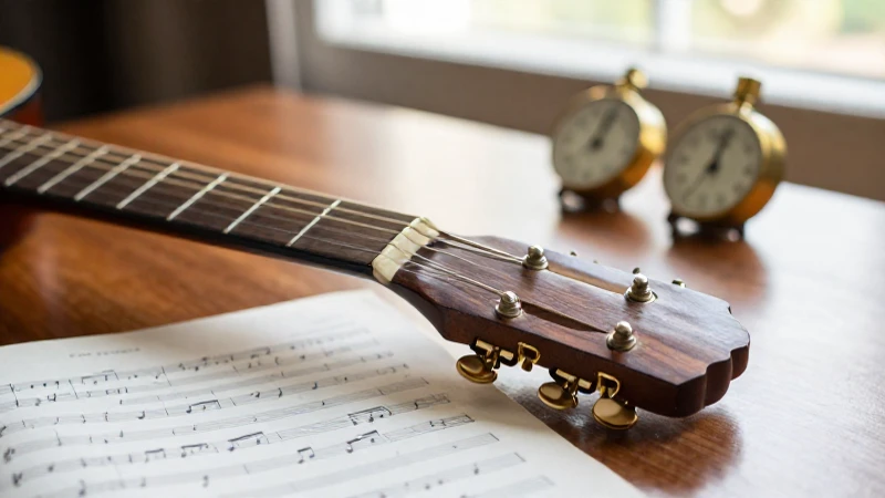 Mango de una guitarra acústica junto a una partitura manuscrita sobre un escritorio de caoba.