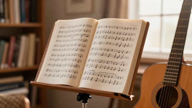 Partitura abierta sobre un atril de madera junto a una guitarra acústica bañada por la luz solar.
