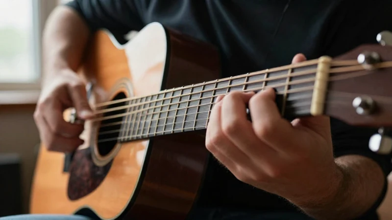 Primer plano de las manos de un guitarrista ejecutando una técnica compleja en un mástil de madera.