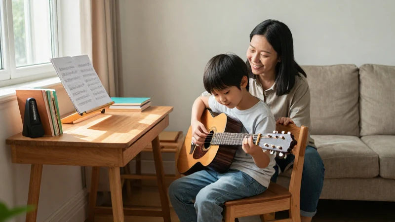 Un niño practica la guitarra acústica en un rincón acogedor mientras su padre lo observa con una sonrisa.