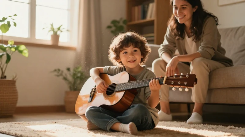 Niño pequeño tocando una guitarra acústica con alegría mientras su padre lo observa sonriente.