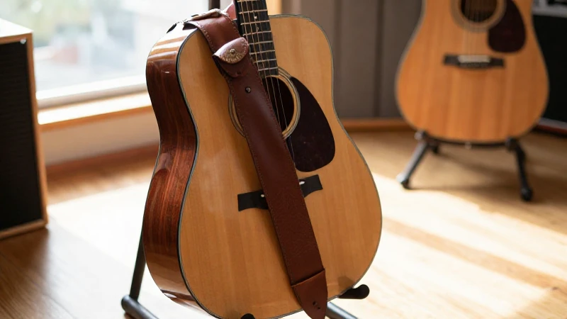 Guitarra acústica con correa de cuero apoyada en un soporte dentro de un estudio iluminado por el sol.