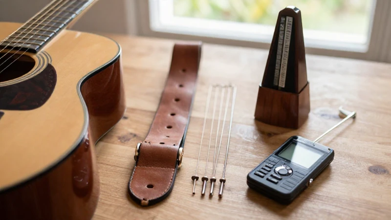 Accesorios de guitarra sobre una mesa de madera iluminada por la luz del sol.