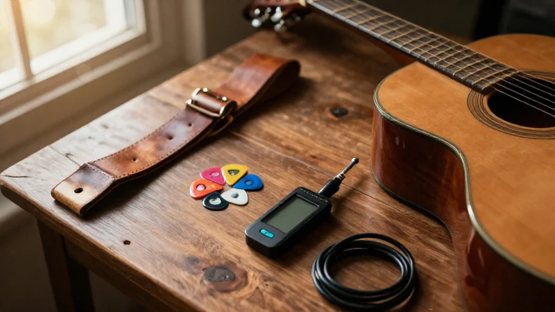 Guitarra acústica y accesorios musicales sobre un escritorio de madera bajo la luz del sol.