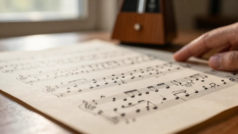 Partitura de música clásica sobre papel envejecido con un metrónomo de madera al fondo.