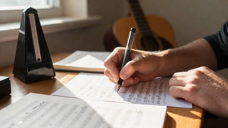 Manos de un estudiante escribiendo partituras en un escritorio de madera junto a un metrónomo.