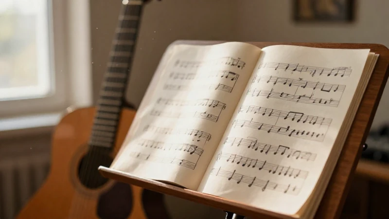 Partitura de música clásica abierta sobre un atril de madera junto a una guitarra acústica.