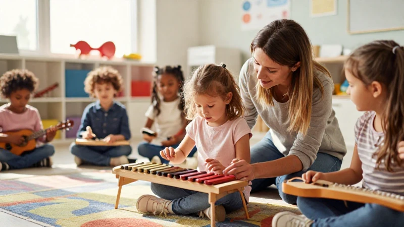 Una niña pequeña toca un xilófono de madera mientras una maestra la guía en un aula musical luminosa.