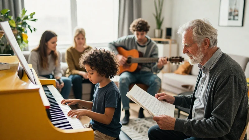 Personas de distintas edades practicando música en un salón luminoso y acogedor.