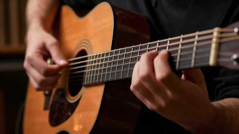 Primer plano de las manos de un guitarrista presionando las cuerdas cerca del puente de una guitarra acústica.