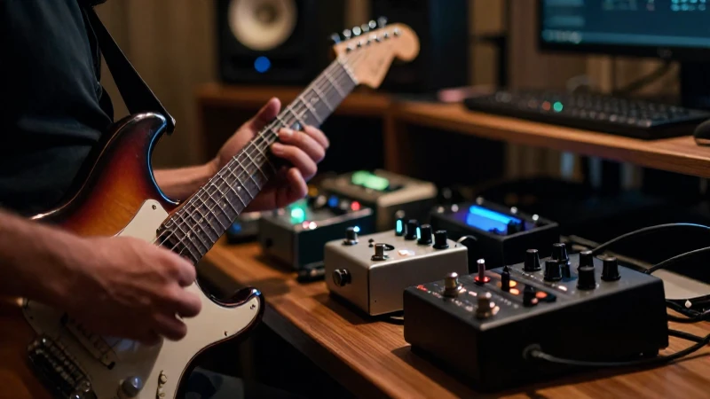 Manos de un músico tocando una guitarra eléctrica frente a pedales y equipos de estudio.