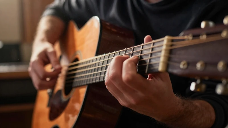 Manos de un músico realizando un arpegio delicado sobre las cuerdas de una guitarra acústica.