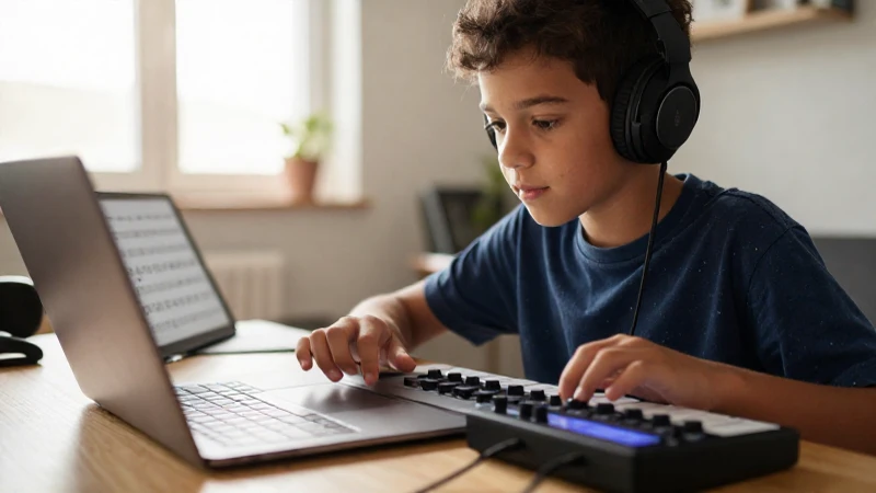 Estudiante concentrado trabajando con un portátil y un controlador MIDI en un estudio de música iluminado.