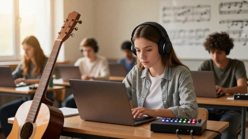 Estudiante adolescente con auriculares trabajando en un portátil en un aula de música moderna.