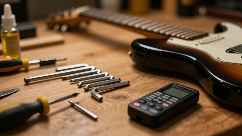 Guitarra eléctrica sobre un banco de madera rodeada de herramientas de mantenimiento y accesorios.