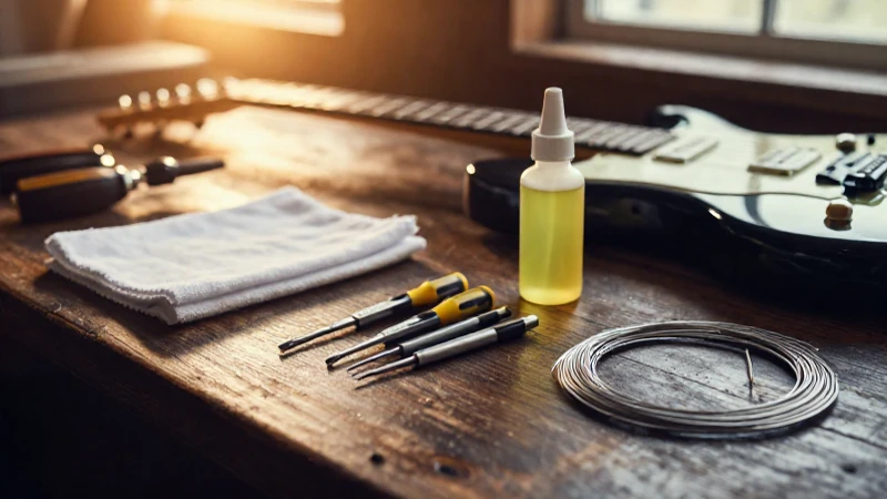 Kit de mantenimiento para guitarra con herramientas y cuerdas nuevas sobre un banco de madera.