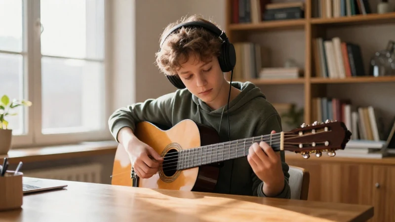 Estudiante concentrado tocando una guitarra acústica en un escritorio iluminado por la luz del sol.