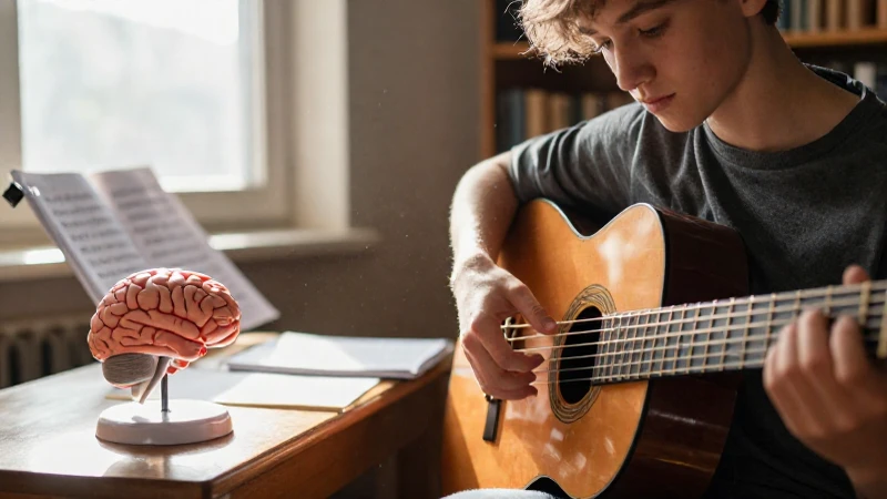 Estudiante concentrado con una guitarra acústica y un modelo de cerebro en una biblioteca musical.