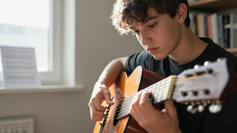 Estudiante concentrado tocando una guitarra acústica de madera en un estudio iluminado por el sol.