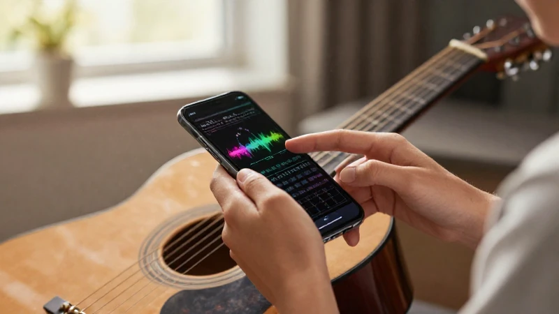 Manos de un músico interactuando con partituras digitales en un smartphone junto a una guitarra.